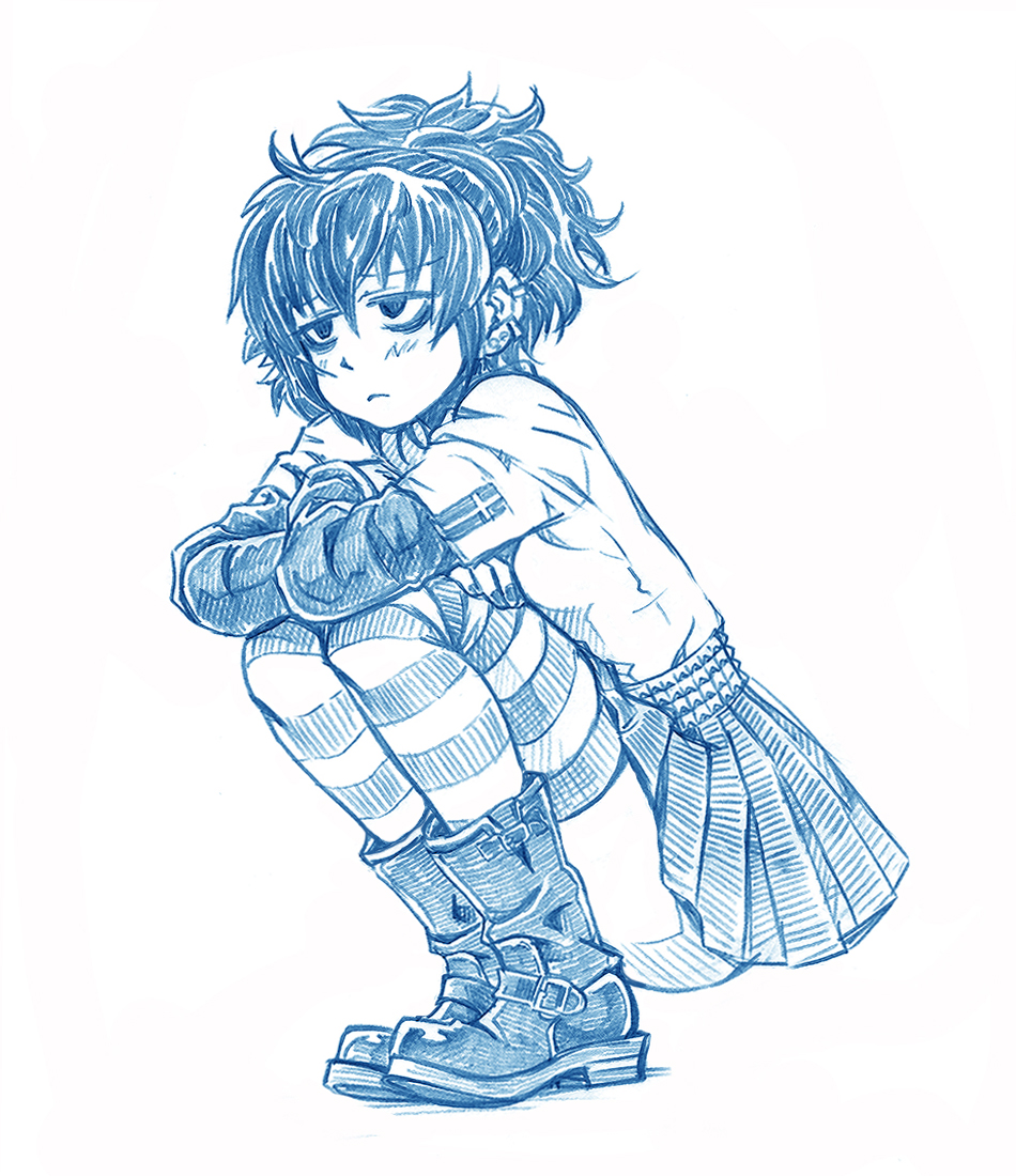 1girl bags_under_eyes bbb_(friskuser) belt black_lagoon blue_theme boots commentary crossed_arms ear_piercing earrings female_focus frederica_sawyer frown full_body half-closed_eyes hugging_own_legs jewelry layered_sleeves long_sleeves messy_hair miniskirt monochrome piercing pleated_skirt print_shirt shirt short_hair short_over_long_sleeves short_sleeves simple_background skirt solo squatting striped_clothes striped_thighhighs studded_belt t-shirt thighhighs white_background