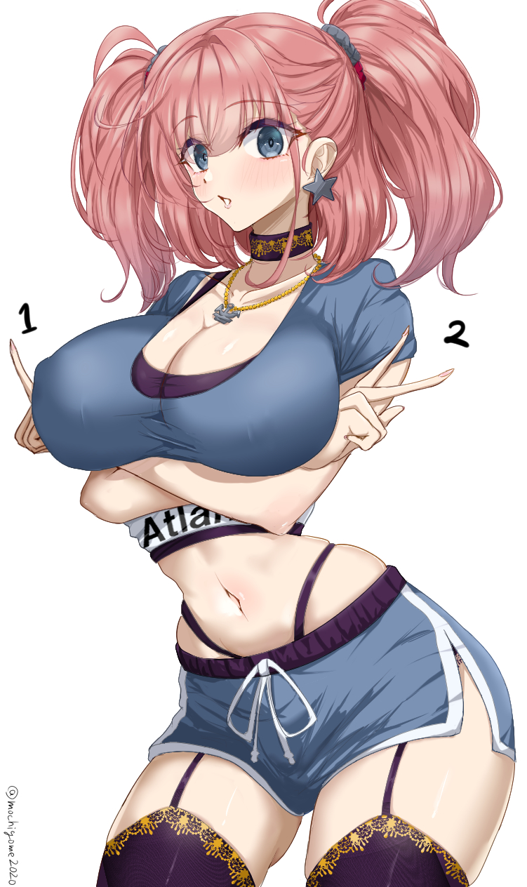 1girl anchor_choker atlanta_(kancolle) black_panties black_socks blue_eyes breasts chamumi_(mochiumee) cleavage cowboy_shot earrings garter_belt highres jewelry kantai_collection kneehighs looking_at_viewer navel open_mouth panties pink_hair socks solo sports_bra star_(symbol) star_earrings string_panties two_side_up underwear v
