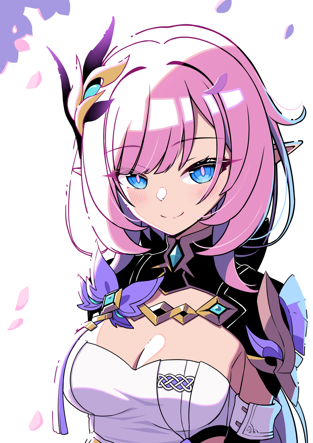 1girl blue_eyes breasts cleavage closed_mouth commentary_request elysia_(honkai_impact) heijialan highres honkai_(series) honkai_impact_3rd long_hair looking_at_viewer medium_breasts petals pink_hair pointy_ears short_sleeves shrug_(clothing) simple_background smile solo upper_body white_background