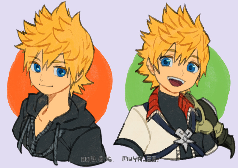 2boys armor black_coat black_coat_(kingdom_hearts) blonde_hair blue_eyes coat commentary_request cropped_torso dated hood hood_down hooded_coat jacket kingdom_hearts male_focus multicolored_jacket multiple_boys open_mouth roxas short_hair shoulder_armor shoulder_strap skyloop19 smile spiked_hair teeth twitter_username upper_body upper_teeth_only ventus_(kingdom_hearts)