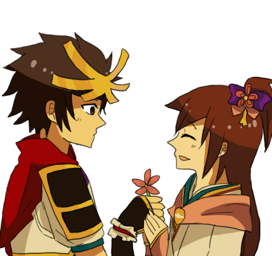 armor brown_eyes brown_hair closed_eyes creatures_(company) flower game_freak giving_flower hair_ribbon hero_(pokemon_conquest) nintendo oichi oichi_(pokemon_conquest) oichi_(sengoku_musou) pokemon pokemon_conquest ponytail ribbon scarf sengoku_musou smile white_background