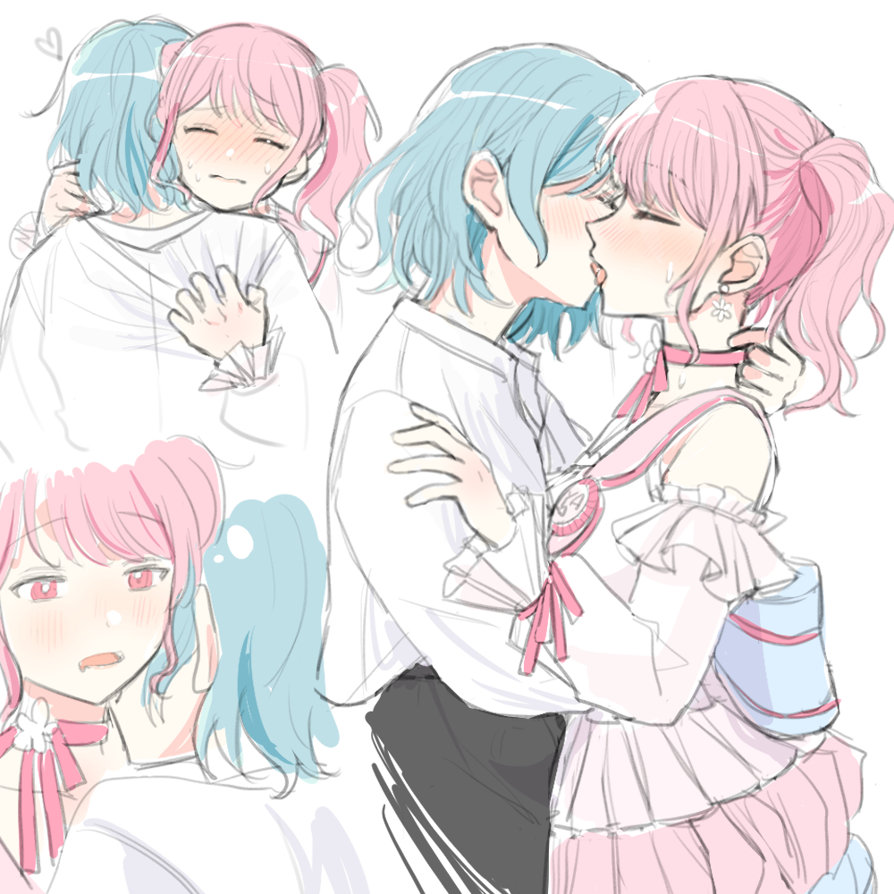 2girls bang_dream! blue_hair chieh choker closed_eyes clothes_grab dress earrings french_kiss heart hikawa_hina jewelry kiss long_sleeves maruyama_aya medium_hair multiple_girls pink_choker pink_dress pink_eyes pink_hair shirt shirt_grab simple_background sweatdrop tongue tongue_out twintails white_background white_shirt yuri