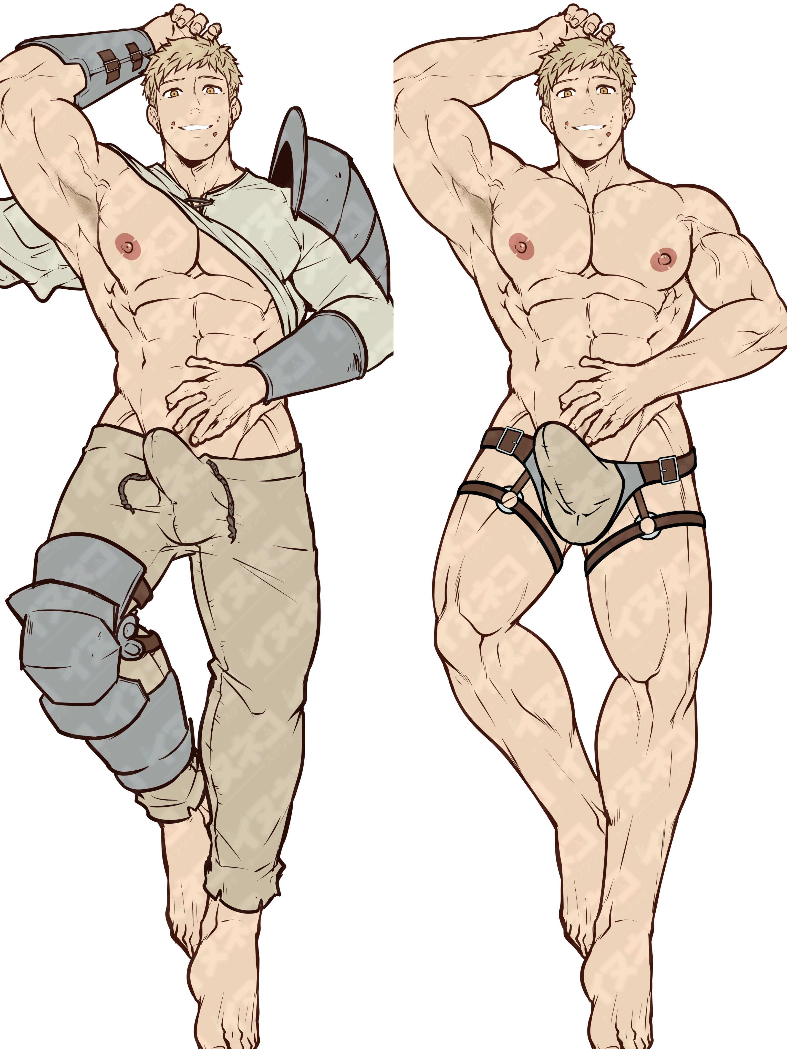 1boy abs absurdres armor bara barefoot blonde_hair brown_male_underwear brown_pants brown_shirt bulge clothes_lift dungeon_meshi erection erection_under_clothes highres inunekostudio laios_touden large_pectorals looking_at_viewer male_focus male_underwear muscular muscular_male navel nipples pants pauldrons pectorals shirt shirt_lift short_hair shoulder_armor simple_background single_pauldron smile underwear unfinished white_background