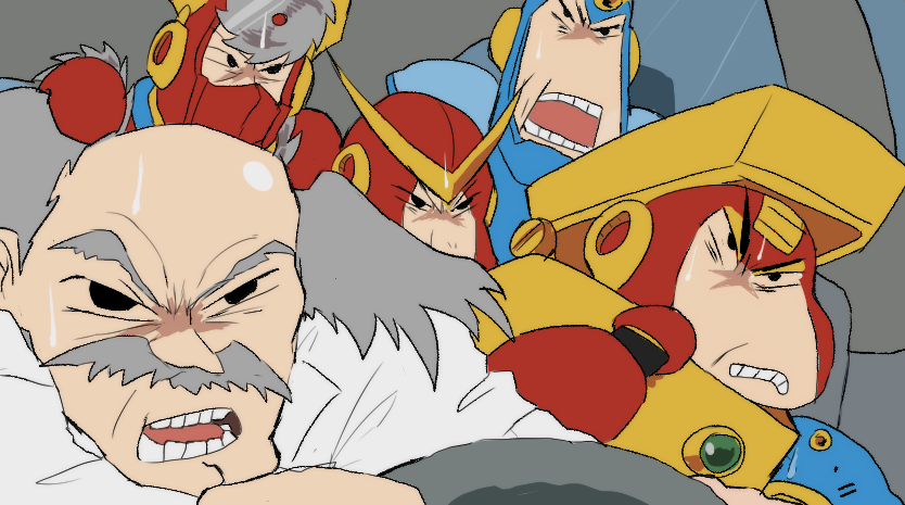 ._. 6+boys air_man angry bald clenched_teeth crayon_shin-chan dr._wily_(mega_man) driving facial_hair flash_man glaring grey_hair heat_man male_focus mega_man_(classic) mega_man_(series) mega_man_2 metal_man multiple_boys mustache nt_26 parody quick_man robot style_parody sweat teeth vehicle_interior
