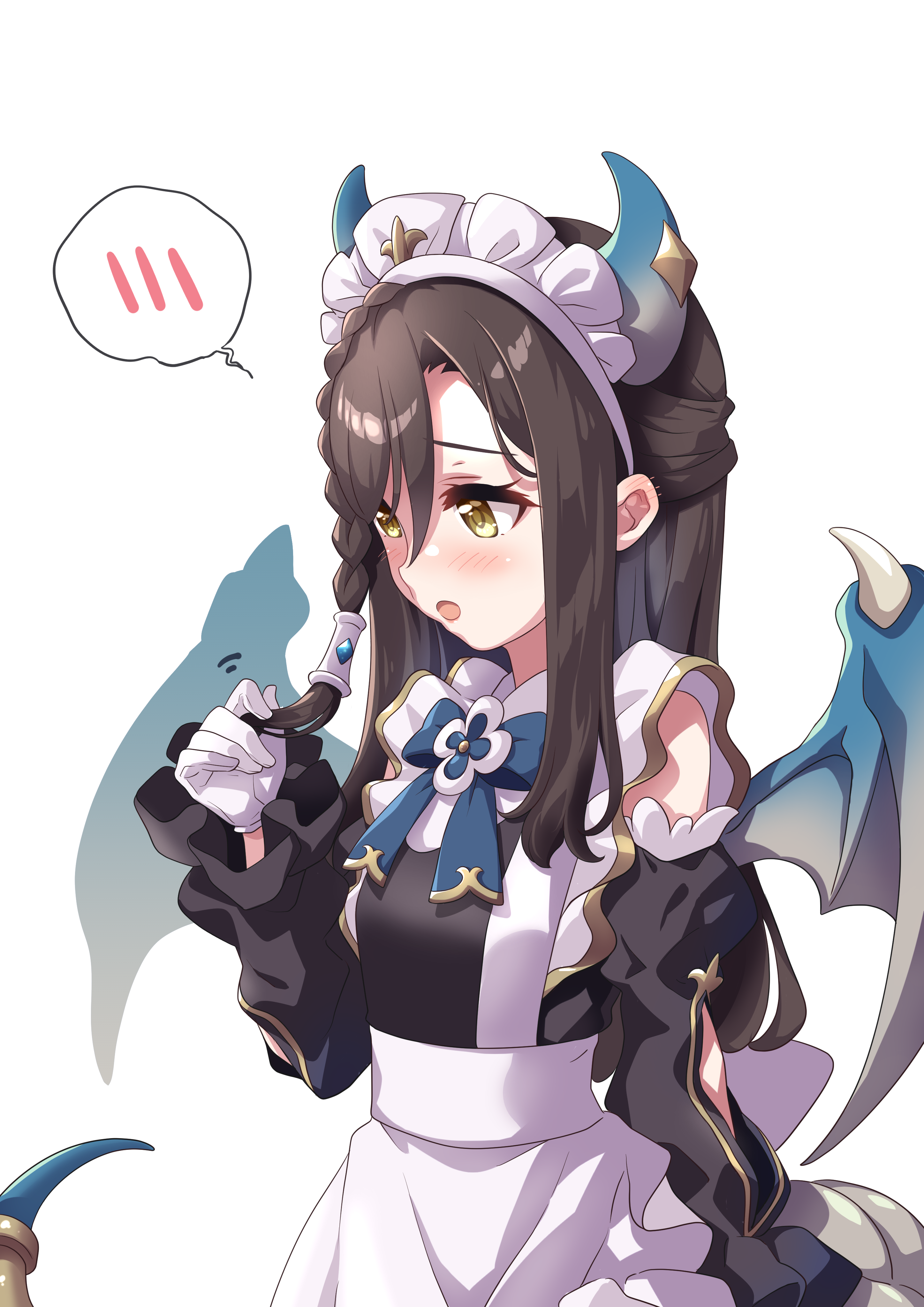 1girl absurdres apron black_dress black_sleeves blue_bow blue_bowtie blue_horns blue_tail blue_wings blush bow bowtie braid brown_hair detached_sleeves dragon_girl dragon_horns dragon_tail dragon_wings dress ear_blush embarrassed gloves hair_ornament half_updo highres horns lind_(princess_connect!) maid maid_apron maid_headdress open_mouth parted_bangs playing_with_own_hair princess_connect! simple_background solo tail tsukachii white_apron white_background white_gloves wings yellow_eyes