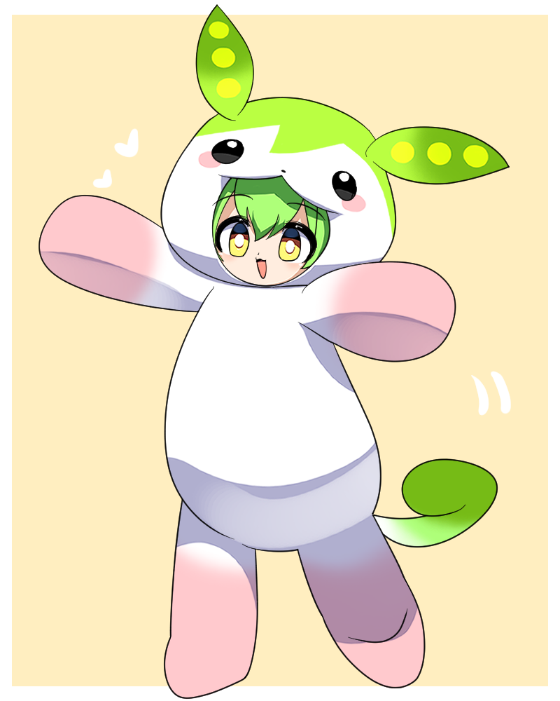 1girl :d blush bright_pupils commentary_request full_body green_hair lets0020 looking_at_viewer mascot_costume open_mouth self_cosplay simple_background smile solo standing voiceroid voicevox white_pupils yellow_background yellow_eyes zundamon zundamon_(utau)