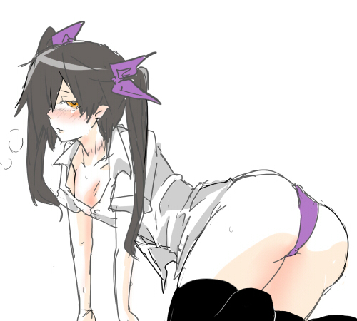 1girl all_fours ass black_hair blush brown_eyes female_focus hata-tan_(rui_(hershe)) himekaidou_hatate lowres no_bra panties purple_panties rui_(hershe) shirt solo thighhighs touhou underwear wet wet_clothes wet_shirt white_background yellow_eyes