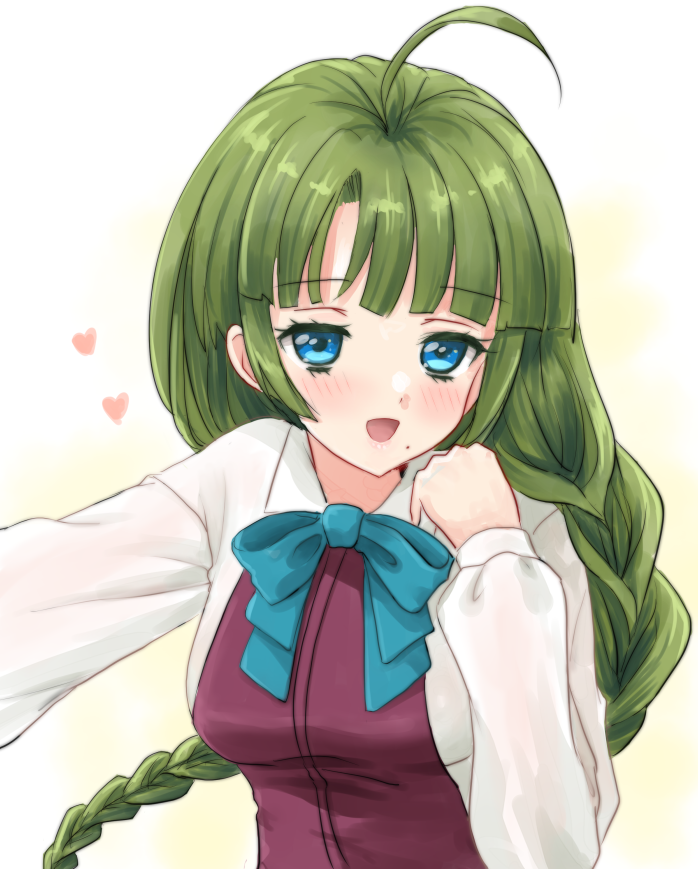 1girl ahoge aqua_bow blue_eyes bow braid collared_shirt commentary_request dress dress_shirt green_hair halter_dress halterneck heart kantai_collection kitagawa_mikio long_hair open_mouth purple_dress shirt single_braid smile solo very_long_hair white_background white_shirt yuugumo_(kancolle)
