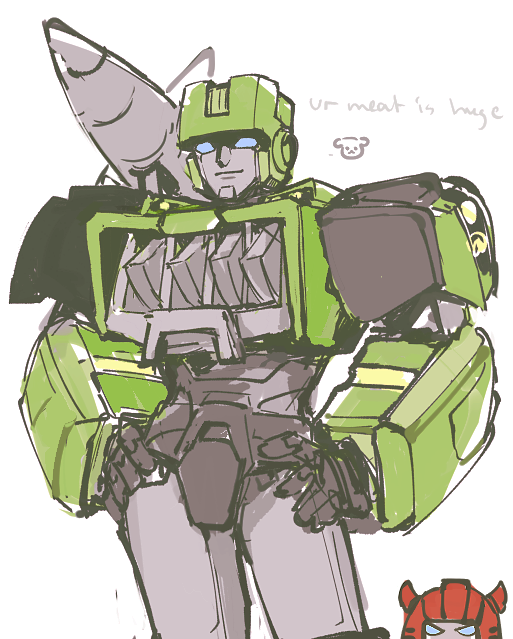 autobot blue_eyes cliffjumper english_text hands_on_own_hips horns hound_(transformers) light_smile looking_at_viewer mecha missile mu_(meatfriedsteak) robot sketch solo_focus transformers v-shaped_eyes white_background