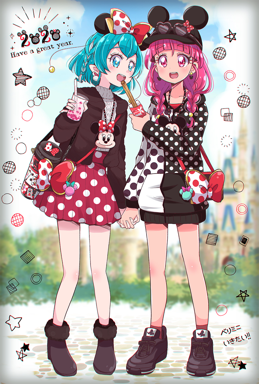 2020 2girls ahoge amusement_park animal_ears blue_eyes blue_hair blunt_bangs blurry blurry_background bow castle chinese_zodiac collarbone disney disneyland earrings eyewear_on_headwear fake_animal_ears full_body hagoromo_lala hair_between_eyes hair_bow happy_new_year hat heart heart-shaped_eyewear highres holding_hands hoshina_hikaru interlocked_fingers jewelry juugoya_neko long_hair long_sleeves mickey_mouse mickey_mouse_&amp;_friends mickey_mouse_ears miniskirt minnie_mouse minnie_mouse_ears multiple_girls new_year open_mouth outdoors pink_eyes pink_hair pleated_skirt pointy_ears polka_dot polka_dot_skirt precure red_skirt ribbed_sweater shoes skirt sneakers socks standing star_twinkle_precure sunglasses sweater white_sweater year_of_the_rat