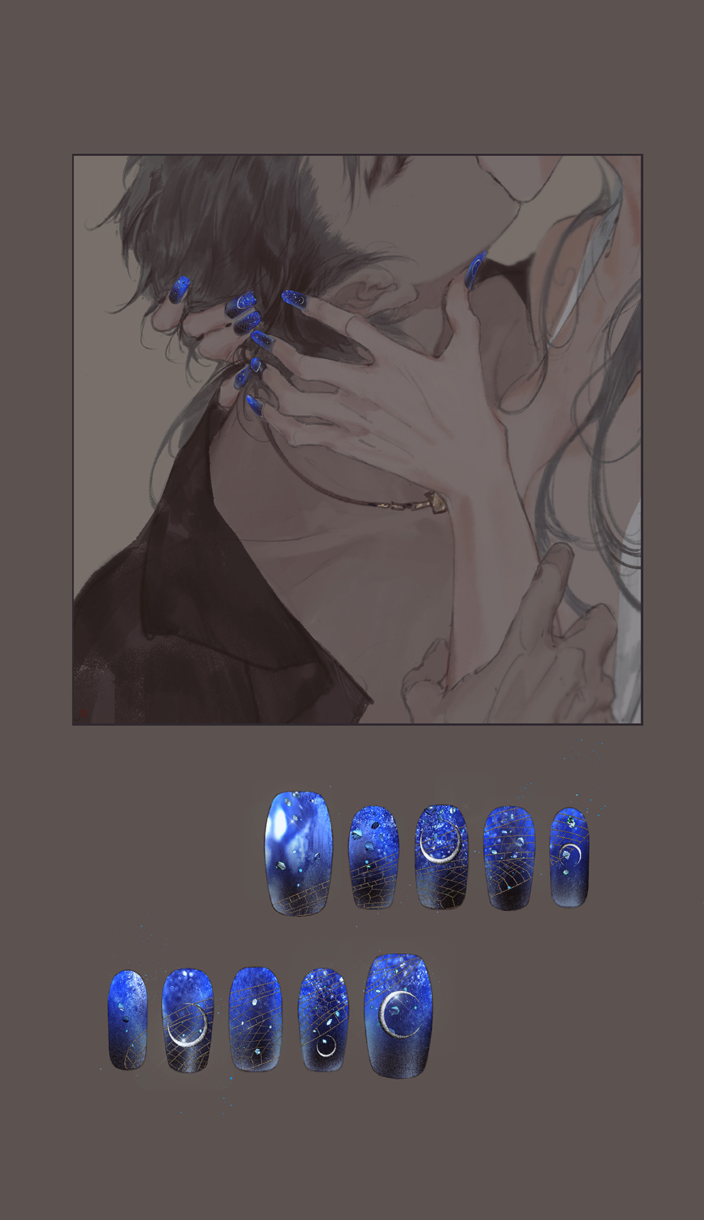 1boy 1girl bei_luo_(gujian_qitan) black_hair black_nails blue_nails brown_background brown_theme chinese_commentary close-up commentary_request crescent_print dragonfly_wings fake_nails grabbing_another&#039;s_arm gradient_nails gujian_qitan_(series) gujian_qitan_3 hand_on_another&#039;s_neck hetero highres ibuki_satsuki jewelry kiss muted_color nail_art nail_ornament necklace simple_background spot_color wing_print yun_wuyue_(gujian_qitan)