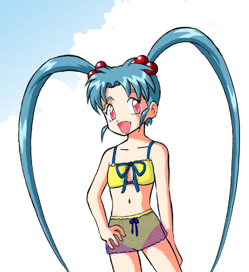1girl arm_behind_leg artist_request blue_hair bow bowtie bra child cloud cloudy_sky hair_ornament hand_on_own_hip long_hair masaki_sasami_jurai open_mouth pretty_sammy pretty_sammy_(character) red_eyes simple_background sky source_request swimsuit tenchi_muyou! underwear