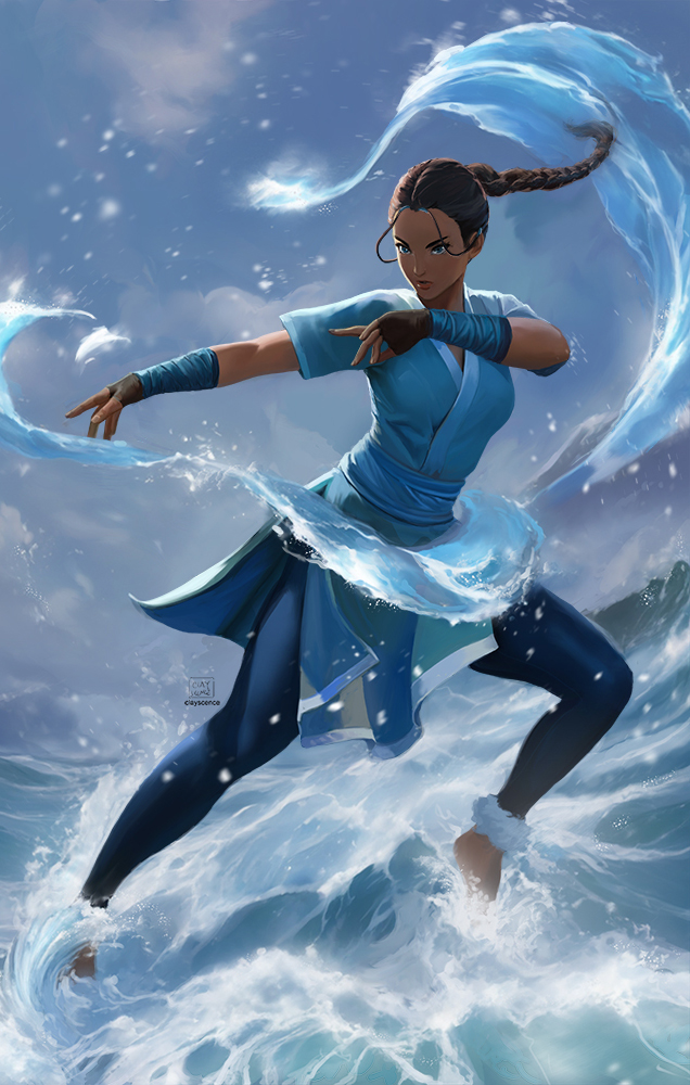 1girl avatar:_the_last_airbender avatar_legends blue_eyes braid braided_ponytail brown_gloves brown_hair clayscence commentary dark-skinned_female dark_skin element_bending english_commentary fingerless_gloves gloves hair_rings hydrokinesis katara ocean outdoors serious short_sleeves solo water