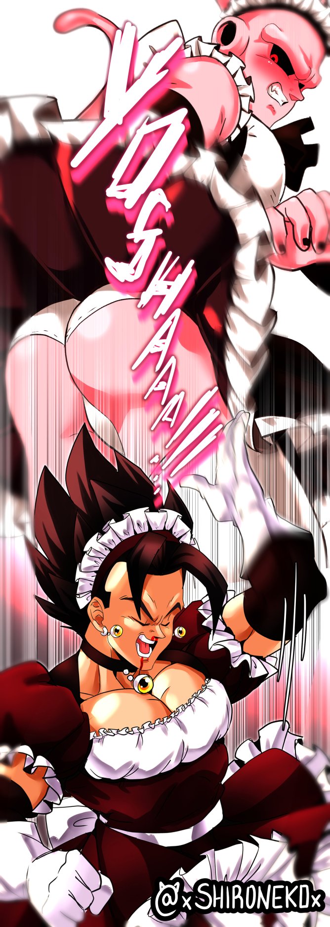 2boys ass black_dress black_sclera blood blush closed_eyes colored_sclera colored_skin dragon_ball dragonball_z dress earrings gloves highres jewelry large_pectorals maid maid_headdress majin_buu male_focus multiple_boys muscular muscular_male nosebleed open_mouth panties pectorals pink_skin potara_earrings red_eyes super_buu underwear vegetto white_gloves xshironek0x yaoi