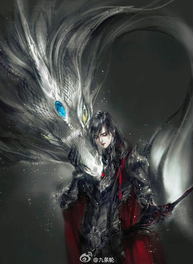 1boy alternate_costume alternate_hairstyle alternate_universe animal animal_hug animalization armor black_armor black_hair blue_gemstone cape closed_eyes closed_mouth dragon eastern_dragon faux_traditional_media gauntlets gem gem_on_head gloves hair_ribbon holding holding_sword holding_weapon implied_yaoi ink_wash_painting kcllzas163 lan_wangji light_particles long_hair low-tied_long_hair male_focus modao_zushi pauldrons red_cape red_ribbon ribbon shoulder_armor smile solo standing sword third-party_source watermark weapon wei_wuxian weibo_watermark white_dragon yellow_eyes