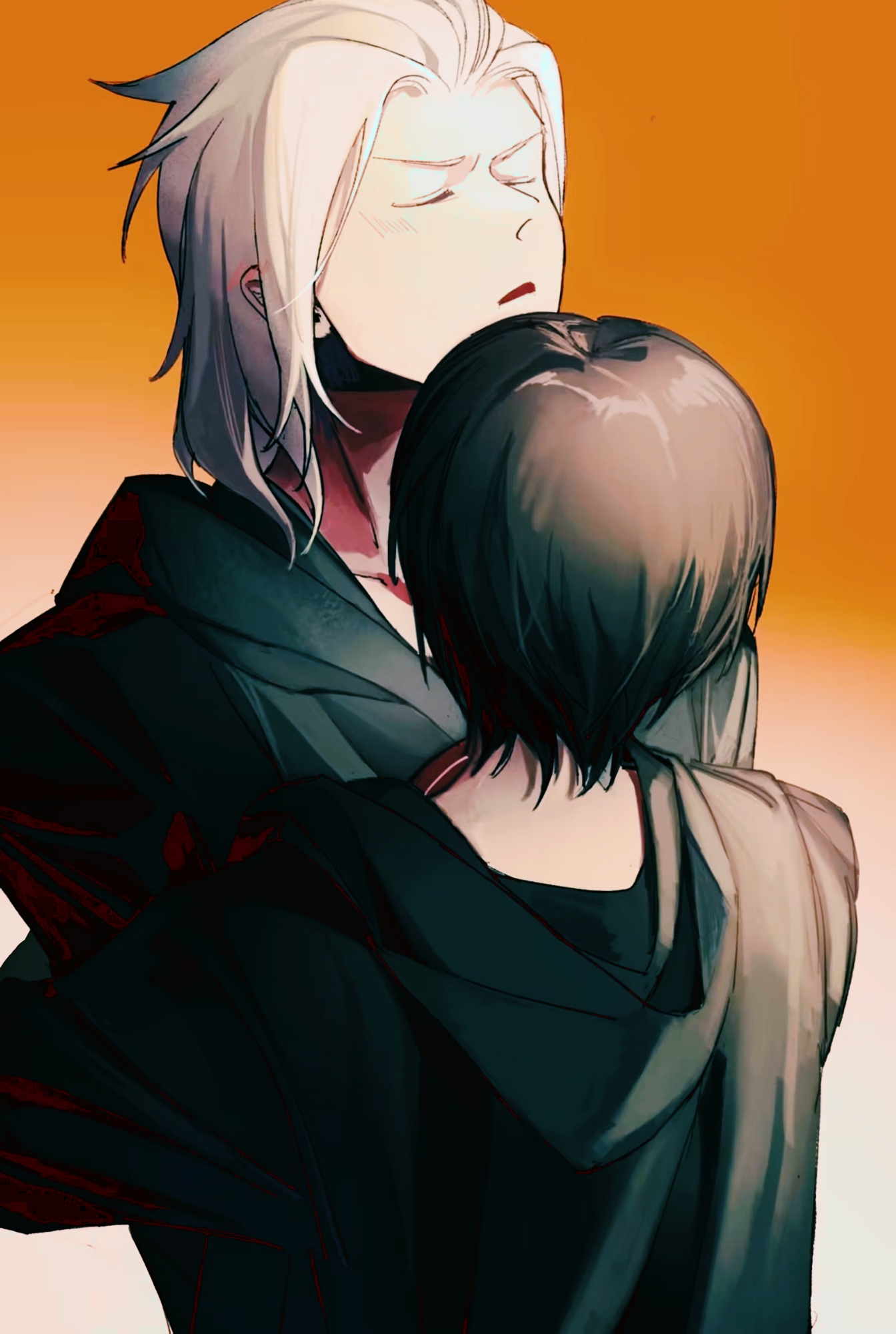 2boys baobing black_hair black_hoodie blush chinese_commentary closed_eyes commentary_request emet-selch final_fantasy final_fantasy_xiv gradient_background highres hood hood_down hoodie hug long_sleeves male_focus multiple_boys open_mouth orange_background short_hair simple_background warrior_of_light_(ff14) white_hair