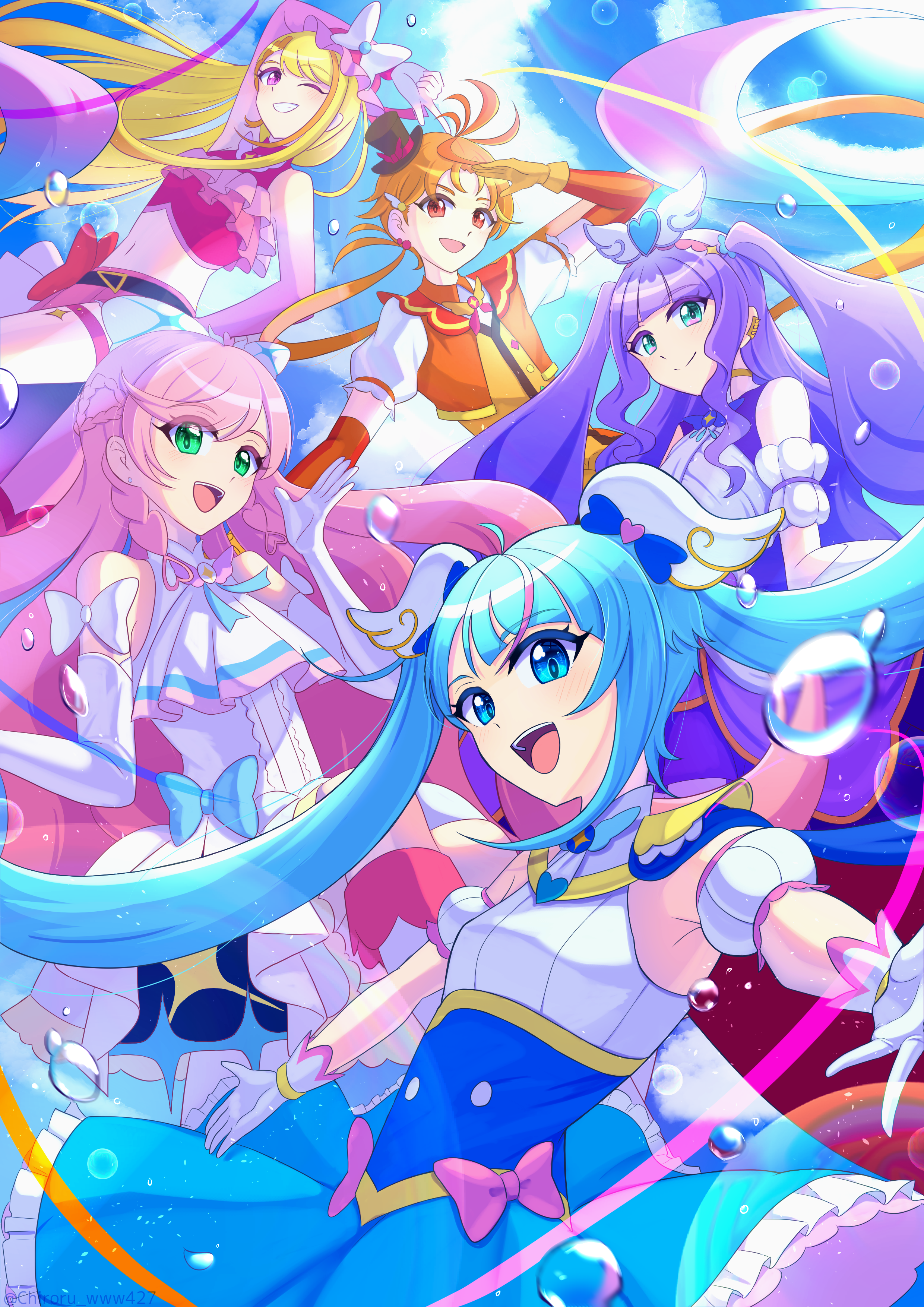 1boy 4girls absurdres aqua_eyes arm_behind_head ascot belt black_belt black_hat blonde_hair blue_bow blue_cape blue_dress blue_eyes blue_hair blue_sky boots bow bow_skirt braid braided_bangs bridal_gauntlets brooch butterfly_hat_ornament cape center_frills chiroru_www427 closed_mouth clothing_cutout cloud cloudy_sky cropped_jacket cropped_shirt crown_braid cure_butterfly cure_majesty cure_prism cure_sky cure_wing cut_bangs day detached_sleeves dress dress_bow earclip elbow_gloves ellee-chan frilled_dress frilled_shirt frills glove_bow gloves green_eyes grin hair_bow hair_ornament hat hat_ornament highres hijiri_ageha hirogaru_sky!_precure index_finger_raised jacket jewelry layered_dress layered_gloves lens_flare long_hair looking_at_viewer magical_boy magical_girl medium_dress microskirt midriff mini_hat mini_top_hat mob_cap multicolored_hair multiple_girls navel nijigaoka_mashiro one_eye_closed open_mouth orange_gloves orange_hair orange_jacket orange_vest outdoors outstretched_arms pink_bow pink_gloves pink_hair pink_hat pink_shirt pink_skirt precure puffy_detached_sleeves puffy_short_sleeves puffy_sleeves purple_dress purple_eyes purple_hair red_bow red_cape red_eyes shading_eyes shirt short_sleeves shoulder_cutout side_braids single_sidelock skirt skirt_hold sky sleeveless sleeveless_dress sleeveless_shirt smile sora_harewataru spread_arms standing streaked_hair thigh_strap tilted_headwear top_hat twintails two-sided_cape two-sided_fabric two-tone_dress two-tone_hair two_side_up very_long_hair vest water_drop white_ascot white_boots white_bow white_dress white_gloves wing_brooch wing_hair_ornament yuunagi_tsubasa