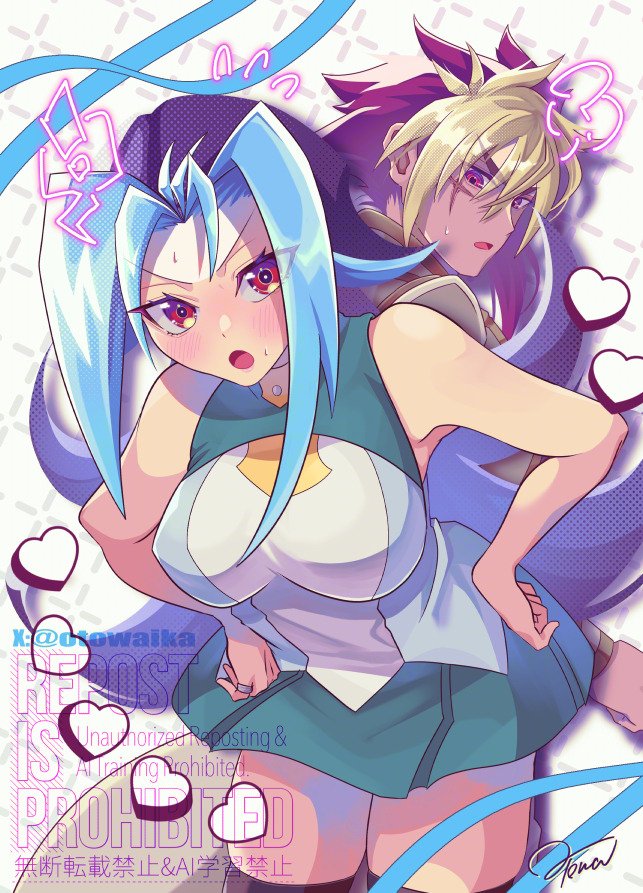 1boy 1girl bare_shoulders blonde_hair blue_hair blue_skirt blush breasts brown_hair cowboy_shot iv_(yu-gi-oh!) kamishiro_rio large_breasts long_hair miniskirt multicolored_hair otowaika short_hair skirt solo_focus two-tone_hair yu-gi-oh! yu-gi-oh!_zexal