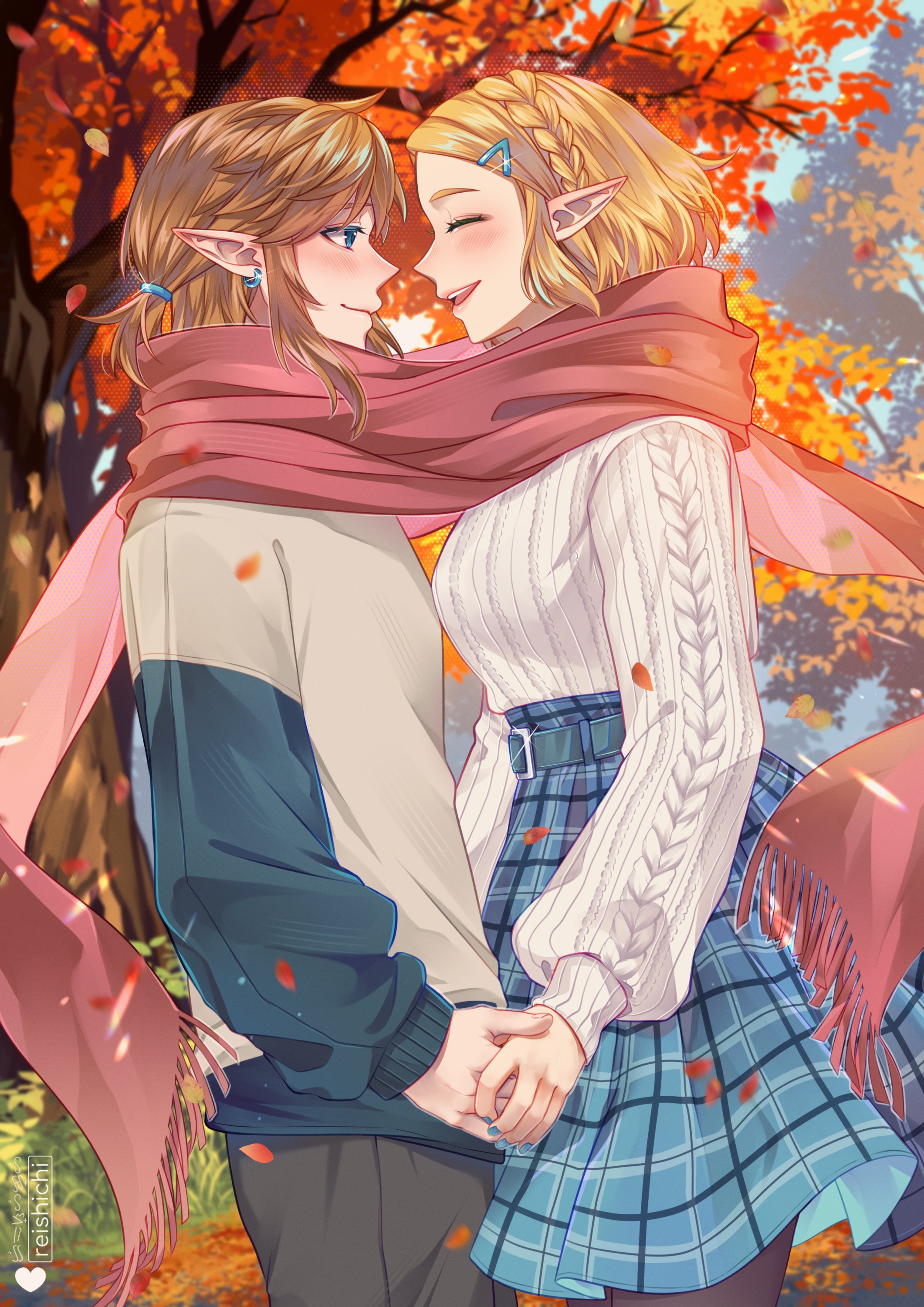 1boy 1girl ^_^ absurdres artist_logo autumn autumn_leaves blonde_hair blue_nails blue_skirt braid closed_eyes commentary contemporary couple crown_braid day hair_ornament hairclip hetero highres holding_hands leaf link logo nail_polish nintendo open_mouth outdoors pink_scarf plaid_clothes plaid_skirt pointy_ears princess_zelda reishichi scarf shared_clothes shared_scarf short_hair skirt smile sweater symbol-only_commentary the_legend_of_zelda the_legend_of_zelda:_tears_of_the_kingdom tree white_sweater