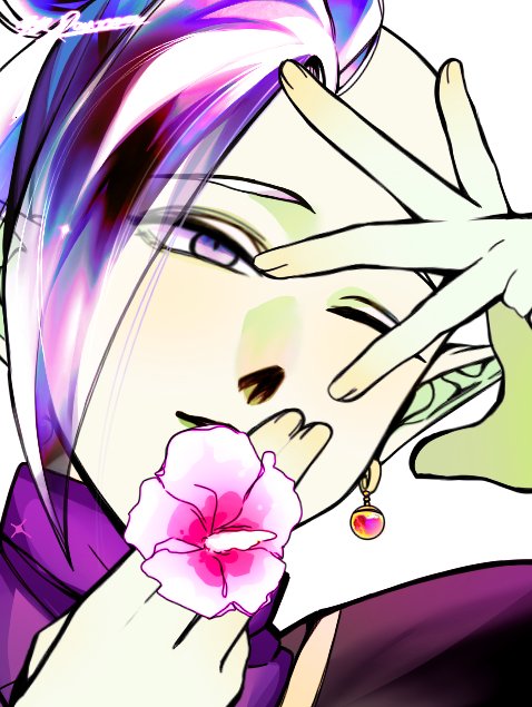 1boy bad_id bad_twitter_id calm colored_skin dragon_ball dragon_ball_super earrings flower green_skin grey_eyes holding holding_flower jewelry looking_up mohawk one_eye_closed pointy_ears potara_earrings purple_shirt sffuju shirt short_hair solo white_hair wink zamasu