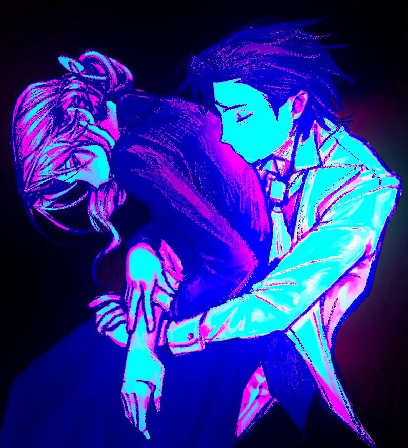 1boy 1girl alice_deross ascot beijingban18388 black_background blue_theme chinese_commentary closed_eyes commentary_request high_contrast hug hug_from_behind identity_v lapels large_variant_set long_hair long_sleeves monochrome notched_lapels orpheus_(identity_v) shirt short_hair skirt sweater turtleneck turtleneck_sweater variant_set