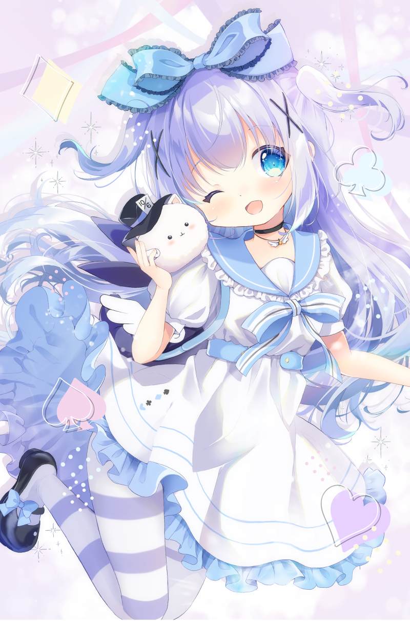 1girl ;d angora_rabbit animal animal_on_shoulder black_choker black_shoes blue_bow blue_bowtie blue_eyes blue_sailor_collar blue_thighhighs bow bowtie child choker commentary_request dress footwear_bow frilled_bow frilled_sailor_collar frills fukaya_rin full_body gochuumon_wa_usagi_desu_ka? hair_bow hair_ornament highres holding holding_animal jewelry kafuu_chino long_hair looking_to_the_side mary_janes necklace one_eye_closed open_mouth petticoat puffy_short_sleeves puffy_sleeves purple_hair rabbit sailor_collar sailor_dress shoes short_sleeves smile solo striped_clothes striped_thighhighs thighhighs tippy_(gochiusa) two-tone_thighhighs two_side_up very_long_hair white_dress white_thighhighs x_hair_ornament