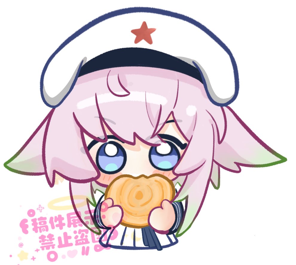 1girl bad_source beret blue_eyes blush chibi chinese_text colored_tips eating flatbread food gradient_hair green_hair hair_flaps halo hat hat_ornament holding holding_food jianbing jinan_(warship_girls_r) looking_at_viewer multicolored_hair pink_hair simple_background solo star_(symbol) star_hat_ornament upper_body warship_girls_r white_background yanyu404