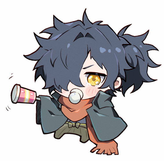 1boy black_hair black_haori blush_stickers chibi fate/grand_order fate_(series) green_hakama grey_kimono hair_intakes hair_over_one_eye hakama hakama_pants haori holding holding_rattle honi_(ohohoni) japanese_clothes kimono long_hair male_focus okada_izou_(fate) orange_scarf pacifier pants ponytail rattle scarf simple_background solo tearing_up white_background yellow_eyes
