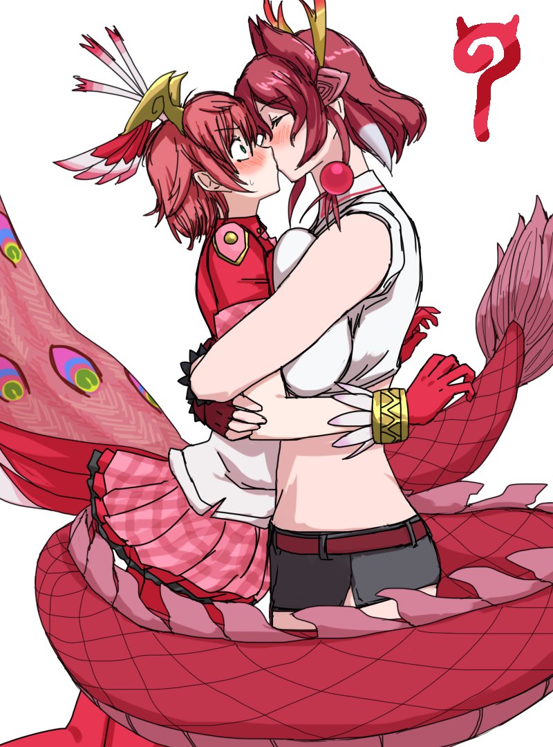 2girls ? animal_ears antenna_hair arm_around_back asymmetrical_docking bird_tail blush bracelet breast_press breasts closed_eyes cropped_shirt dragon_ears dragon_girl dragon_horns dragon_tail extra_ears fingerless_gloves from_side gloves green_eyes head_wings height_difference horns hug huge_breasts jewelry kemono_friends kemono_friends_3 kiss kusamogura large_breasts medium_hair midriff miniskirt multicolored_hair multiple_girls pantyhose pink_hair plaid_clothes plaid_skirt plaid_sleeves red_dragon_(kemono_friends) red_hair red_pantyhose red_shirt shirt short_hair short_sleeves shorts sidelocks simple_background skirt surprise_kiss surprised suzaku_(kemono_friends) tail tail_wrap two-tone_hair v-shaped_eyebrows very_long_tail white_background white_hair white_shirt wide-eyed wings yuri