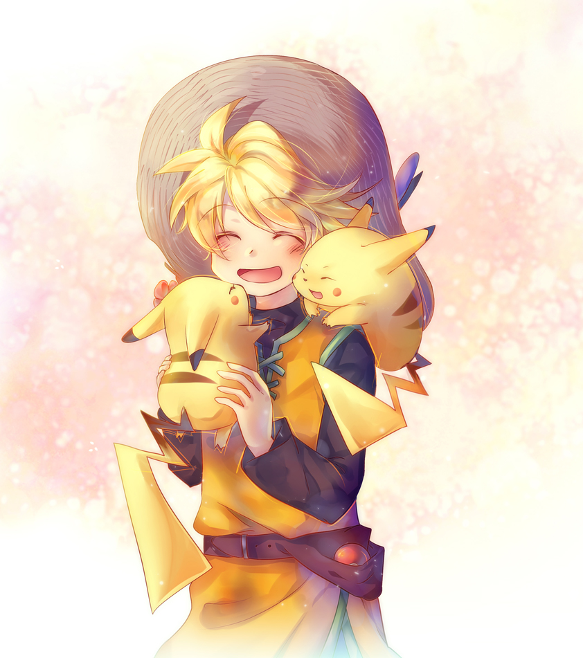 1girl belt blonde_hair blush chuchu_(pokemon) closed_eyes flower gen_1_pokemon hair_flower hair_ornament hat nintendo pikachu poke_ball pokemon pokemon_(creature) pokemon_adventures short_hair smile straw_hat tachiuo_(arines) waist_poke_ball yellow_(pokemon)