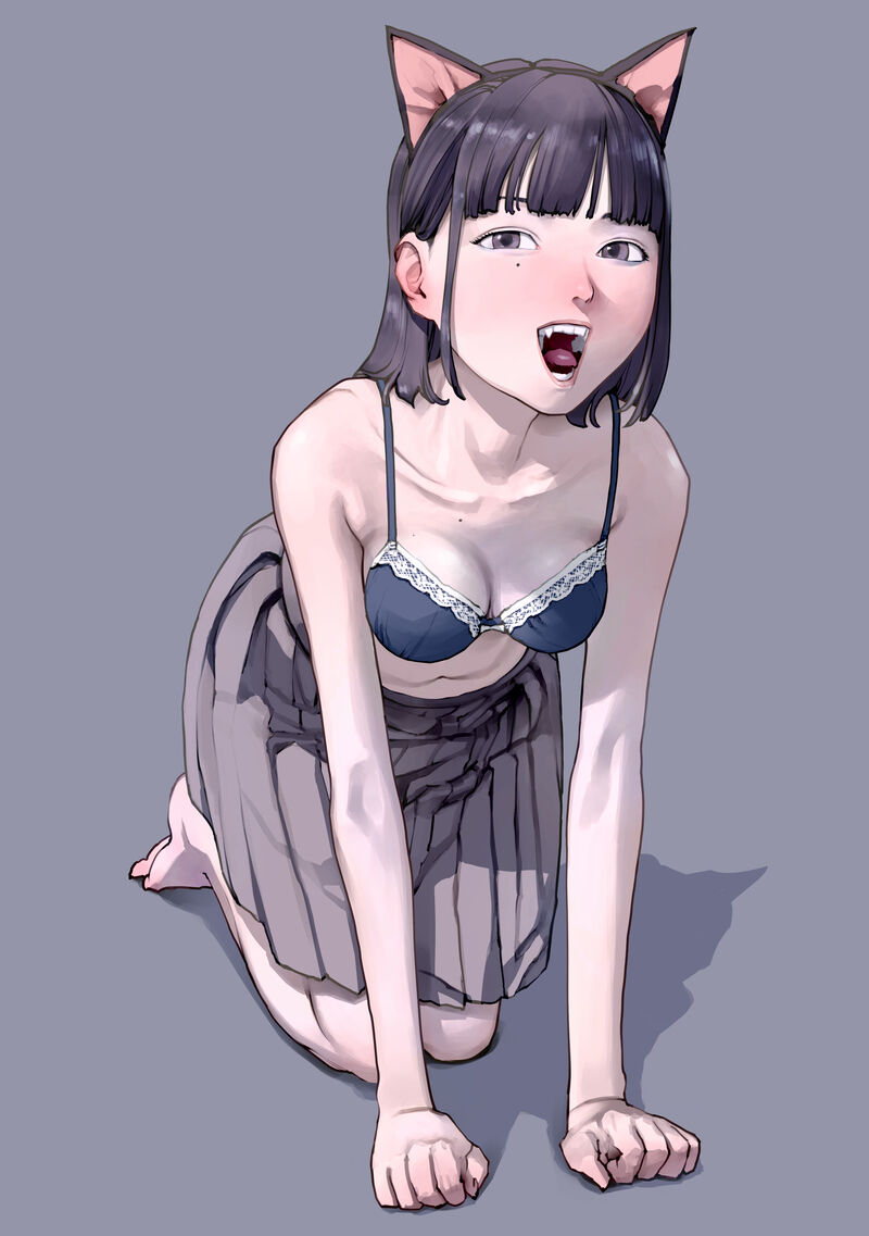 1girl all_fours animal_ear_hairband animal_ears bare_shoulders barefoot blue_bra blunt_bangs bra breasts cat_ears collarbone fake_animal_ears feet grey_background grey_eyes grey_skirt hairband inamitsu_shinji lace lace-trimmed_bra lace_trim looking_at_viewer medium_breasts medium_hair mole mole_under_eye navel open_mouth original paid_reward_available pleated_skirt skirt soles solo teeth tongue underwear