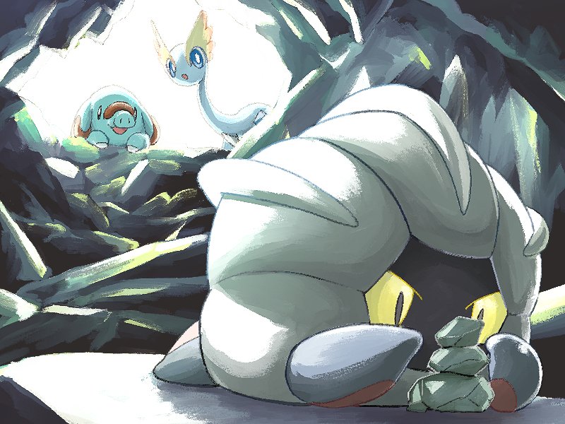 amaura black_eyes blue_eyes bright_pupils cave_interior commentary_request gen_2_pokemon gen_3_pokemon gen_6_pokemon mukiguri nintendo no_humans open_mouth phanpy pokemon pokemon_(creature) rock shelgon smile white_pupils