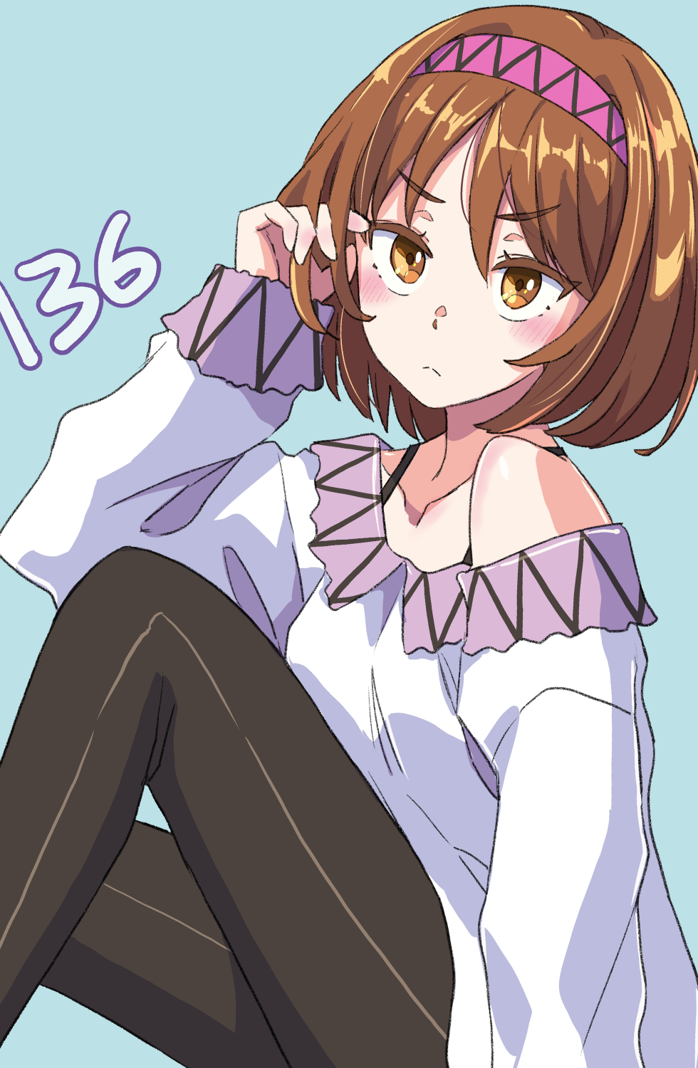 1girl black_pantyhose blue_background brown_eyes brown_hair collarbone hairband highres jack_(wkm74959) looking_at_viewer one-hour_drawing_challenge pantyhose purple_hairband shirt short_hair solo touhou tsukumo_yatsuhashi white_shirt