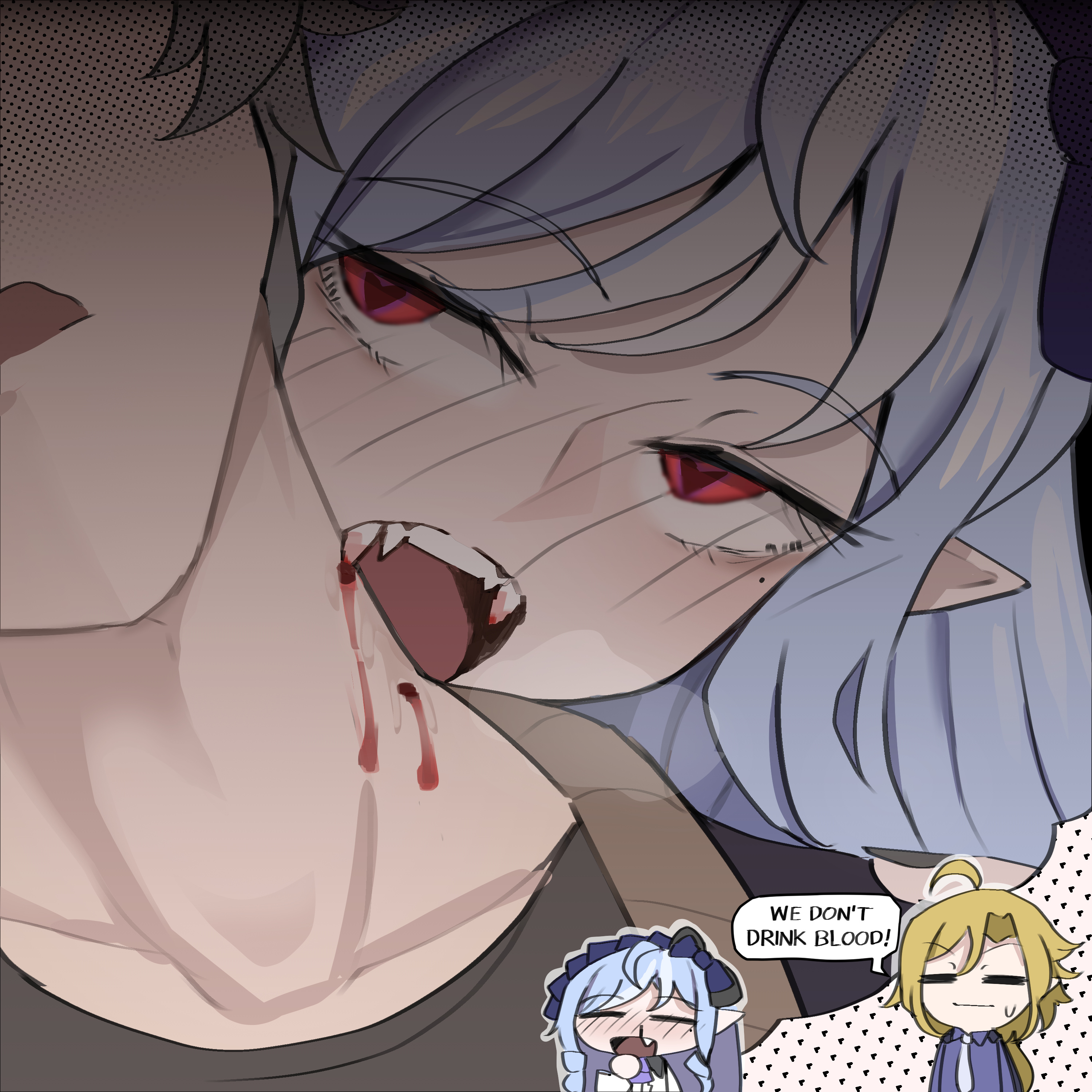 1girl 2boys absurdres biting blonde_hair blood blue_hair blush chibi fangs grey_hair heart heart-shaped_pupils highres hugo_vlad imagining looking_at_another mata_(matasoup) multicolored_hair multiple_boys neck_biting nosebleed pointy_ears speech_bubble streaked_hair sweatdrop symbol-shaped_pupils thought_bubble vampire vivian_banshee white_hair wise_(zenless_zone_zero) zenless_zone_zero