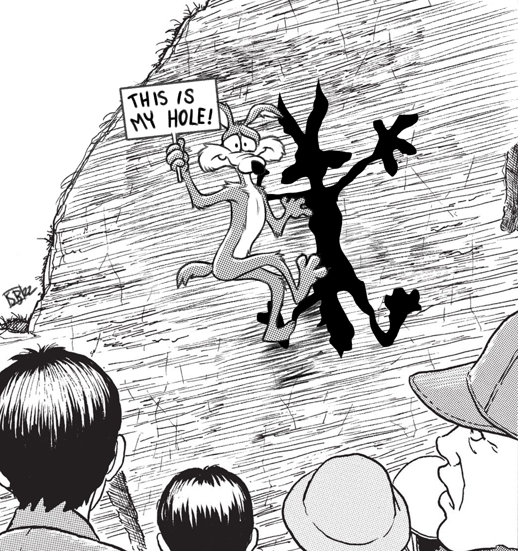 ashbelero black_hair cartoon_logic comic_panel_redraw commentary coyote derivative_work english_commentary english_text greyscale holding holding_sign looking_at_viewer looney_tunes monochrome outdoors short_hair sign the_enigma_of_amigara_fault wile_e_coyote