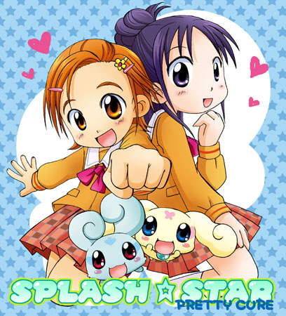 00s 2girls chibi chibi_only choppy flappy futari_wa_precure_splash_star half_updo high_ponytail hyuuga_saki long_sleeves lowres mishou_mai multiple_girls plaid_clothes plaid_skirt ponytail precure school_uniform skirt star_(symbol) star_symbol_background yuunagi_middle_school_uniform
