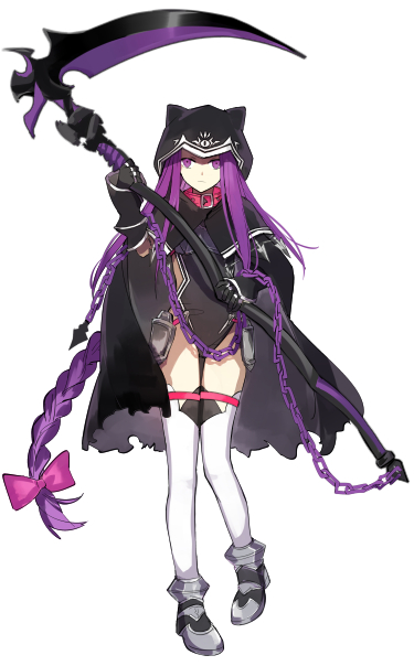 1girl animal_ear_hood armored_boots belt_collar black_gloves black_leotard boots chain cloak collar commentary_request expressionless fake_animal_ears fate/grand_order fate_(series) full_body gloves harpe_(fate/grand_order) holding holding_weapon hood hood_up hooded_cloak kamei_(yamatomo24) leotard long_hair looking_at_viewer medusa_(fate) medusa_(lancer)_(fate) purple_eyes purple_hair red_collar rider simple_background solo thighhighs very_long_hair weapon white_background white_thighhighs