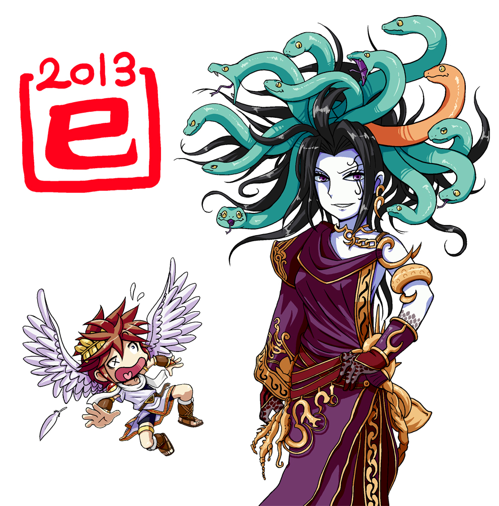 1boy 1girl 2013 angel angel_wings black_hair brown_hair chibi chinese_zodiac facial_mark hand_on_own_hip itimu kid_icarus kid_icarus_uprising laurel_crown looking_at_viewer medusa_(kid_icarus) nengajou new_year nintendo pale_skin pit_(kid_icarus) purple_eyes simple_background snake_hair white_background wings year_of_the_snake