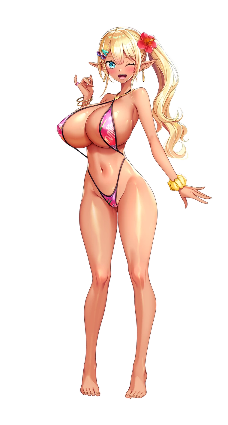 akagi_rio barefoot bikini blonde_hair blue_eyes breasts dark earrings elf flower gyaru hair_flower hair_ornament hairpin highres huge_breasts jewelry look-alike milk_factory motto!_haramase!_honoo_no_oppai_isekai_oppai_maid_gakuen! myunmyun_lafleur navel necklace one_eye_closed parody pointy_ears ponytail ring scrunchie slingshot_swimsuit swimsuit thong_bikini transparent_background wink wrist_scrunchie