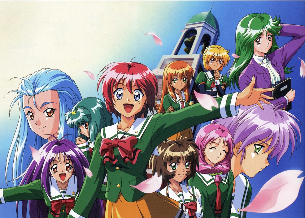 1990s_(style) 6+girls :d ^_^ akai_homura asou_kasumi blonde_hair blue_eyes blue_hair bow brown_eyes brown_hair closed_eyes front_ponytail green_eyes green_hair hairband happy hinomoto_hikari ichimonji_akane ijuuin_mei kokura_masashi kotobuki_miyuki long_hair minazuki_kotoko mole mole_under_eye multiple_girls necktie official_art open_mouth orange_hair petals profile purple_eyes purple_hair red_hair retro_artstyle ribbon sakura_kaedeko scan school_uniform shirayuki_miho short_hair skirt sleeves_rolled_up smile tokimeki_memorial tokimeki_memorial_2 yae_kaori