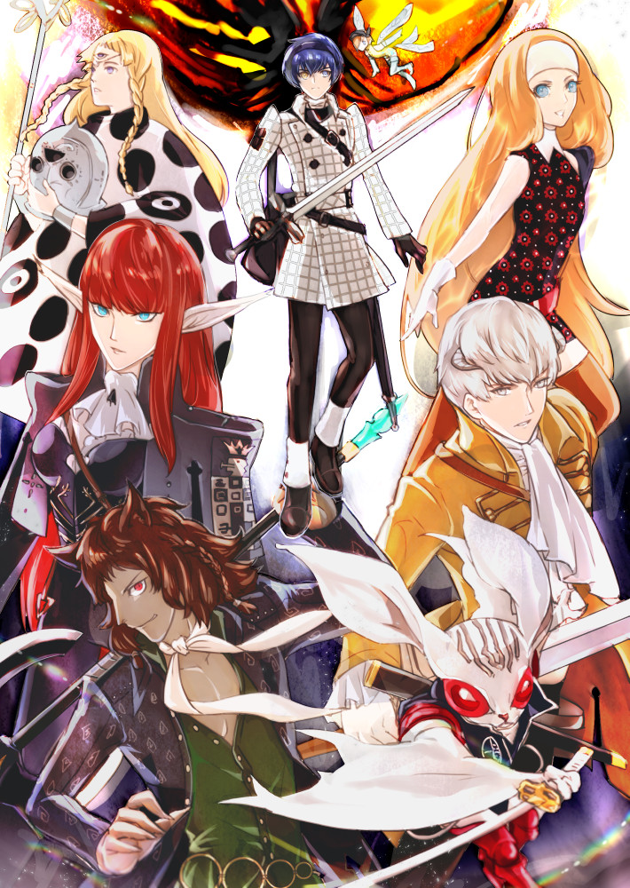 4boys 4girls animal_ears armor ascot axe basilio_(metaphor:_refantazio) black_armor black_capelet blonde_hair blue_hair blue_hairband brown_hair brown_jacket capelet commentary_request creature eupha_(metaphor:_refantazio) fairy fairy_wings gallica_(metaphor:_refantazio) grey_hair grey_horns hairband heismay_(metaphor:_refantazio) helmet holding holding_axe holding_weapon horns hulkenberg_(metaphor:_refantazio) jacket junah_(metaphor:_refantazio) long_hair looking_at_viewer metaphor:_refantazio mini_person minigirl multiple_boys multiple_girls pointy_ears poncho protagonist_(metaphor:_refantazio) qgame red_eyes red_hair short_hair size_difference sleeveless strohl_(metaphor:_refantazio) sword third_eye unworn_headwear unworn_helmet very_long_hair weapon white_ascot white_hairband white_jacket wings