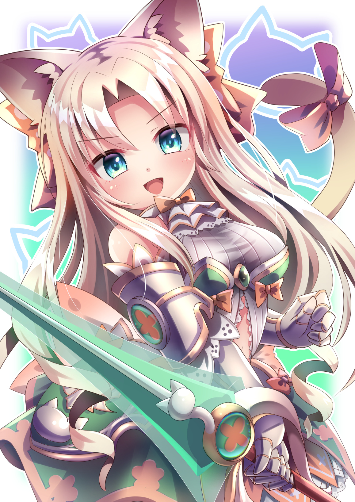 1girl animal_ears armor armored_dress blue_eyes breasts brown_hair cat_ears cat_tail dress emil_chronicle_online hair_ornament hair_ribbon highres holding holding_sword holding_weapon large_breasts long_hair mitama_elise open_mouth ribbon sword tail tail_ornament tail_ribbon weapon yupi828