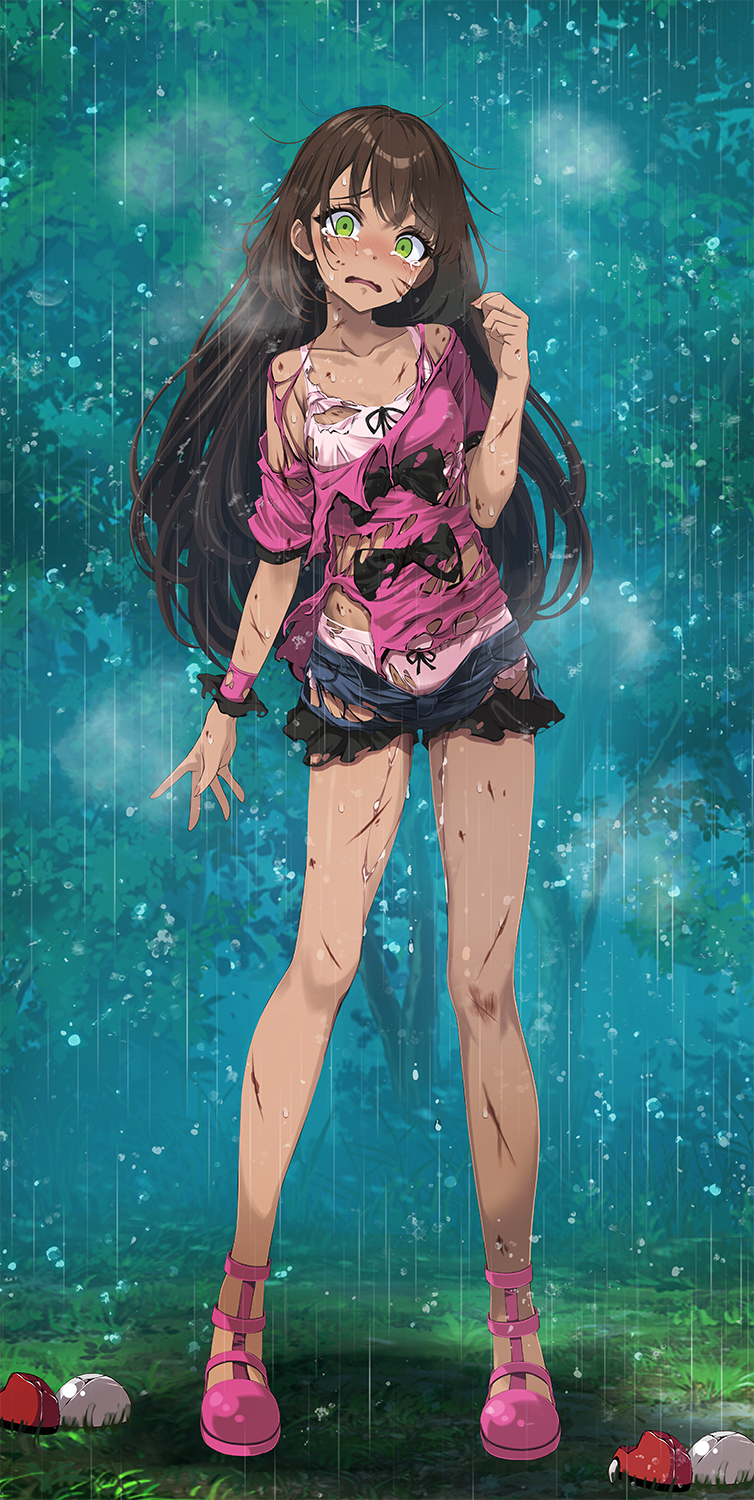1girl bra brown_hair bruise bruise_on_face collarbone contrapposto crying dark-skinned_female dark_skin day flat_chest full_body game_freak green_eyes highres injury long_hair looking_at_viewer messy_hair nintendo open_mouth open_poke_ball outdoors panties pink_bra pink_panties pink_shirt pink_shoes pokemon pokemon_xy rain shauna_(pokemon) shirt shoes short_shorts short_sleeves shorts solo standing straight_hair tears torn_clothes torn_shirt torn_shorts tsukishiro_saika underwear very_long_hair wavy_mouth
