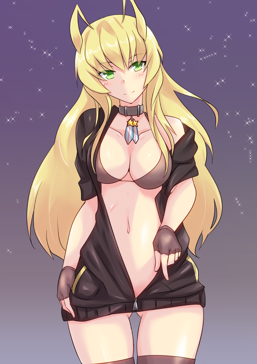 1girl antennae azur_lane belt belt_collar bikini bikini_top_only black_jumpsuit blonde_hair blush breasts brown_bikini brown_gloves brown_thighhighs cleavage closed_mouth collar commentary_request cowboy_shot fingerless_gloves gloves gluteal_fold green_eyes grey_belt highres jumpsuit large_breasts long_hair looking_at_viewer medal navel no_panties sangue_llia short_sleeves single_bare_shoulder smile solo sparkle star_(symbol) swimsuit thighhighs unzipped wasp_(azur_lane)