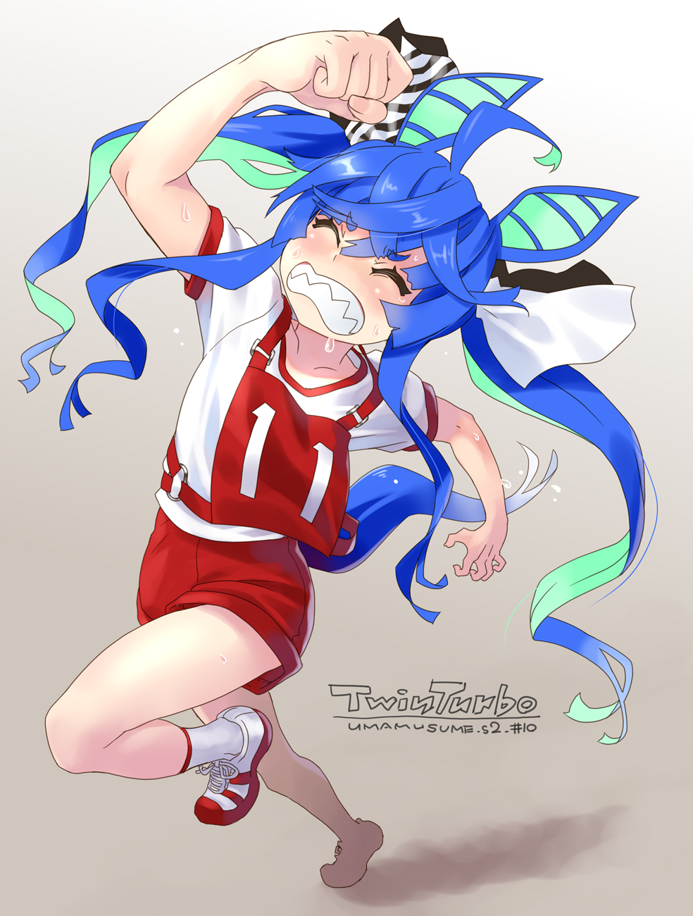 1girl ahoge animal_ears aqua_hair black_ribbon blue_hair character_name closed_eyes commentary copyright_name dress foreshortening frown gradient_background grey_background grimace gym_shorts gym_uniform hair_ribbon highres horse_girl katahira_masashi legs_up long_hair original_race_uniform_(umamusume) race_bib red_shorts ribbon running sharp_teeth shirt shoes short_dress shorts sneakers socks solo sweat t-shirt teeth twin_turbo_(umamusume) twintails umamusume very_long_hair white_shirt white_shoes white_socks