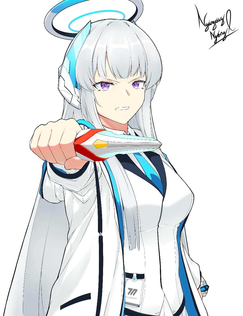 1girl angry badge blue_archive blue_necktie blunt_bangs coat crossover evoltruster halo headgear highres holding jacket looking_at_viewer name_connection necktie noa_(blue_archive) open_clothes open_coat purple_eyes shirt signature simple_background ultra_series ultraman_nexus_(series) white_background white_coat white_hair white_jacket white_shirt