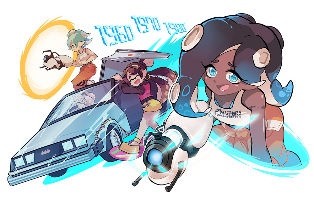 1970 1980 4girls aperture_science_handheld_portal_device back_to_the_future callie_(splatoon) car chell_(cosplay) clothes_around_waist cosplay crossover dark-skinned_female dark_skin delorean driving eyelashes gomipomi gullwing_doors hoverboard marie_(splatoon) marina_(splatoon) motor_vehicle multiple_crossover multiple_girls nintendo open_mouth pearl_(splatoon) portal_(object) portal_(series) simple_background smile splatoon_(series) splatoon_2 tank_top tentacle_hair time_machine white_background