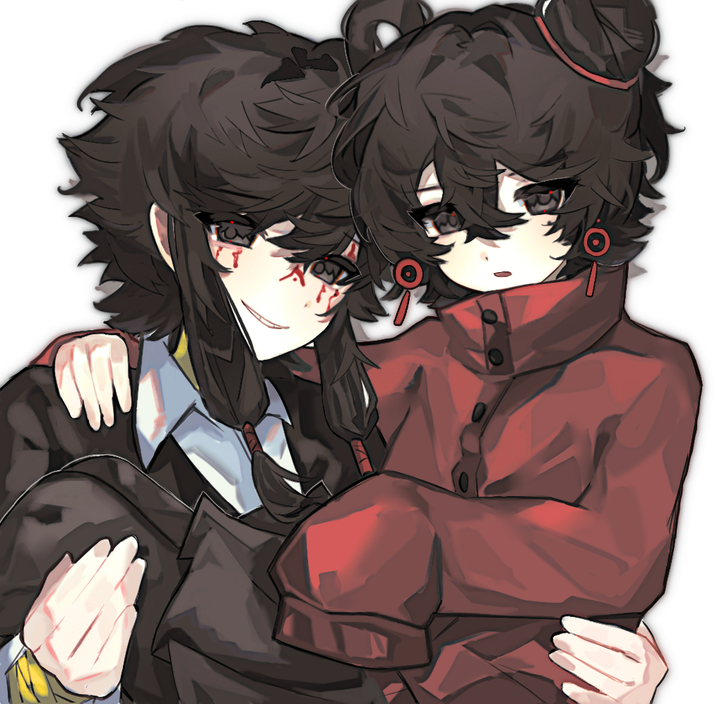 1boy 1girl black_eyes black_hair black_jacket black_pantyhose black_skirt carrying carrying_person chinese_commentary collared_shirt commentary_request earrings facepaint hair_between_eyes hair_bun hair_rings hand_on_another&#039;s_shoulder hand_on_another&#039;s_waist high_collar jacket jewelry li_yuting_(female) long_sleeves male_focus mole mole_under_eye pantyhose parted_lips pleated_skirt princess_carry red_jacket shirt short_hair short_hair_with_long_locks simple_background single_hair_bun single_hair_ring skirt sleeves_past_fingers sleeves_past_wrists touqi_guaitan variant_set white_background white_shirt zhixiang_chifan ziche_fuzhao