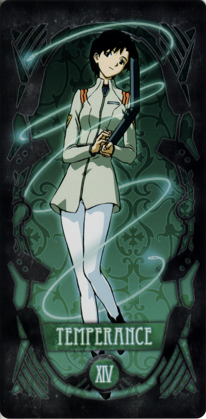 1girl black_footwear brown_eyes brown_hair card_(medium) collared_dress computer dress eyebrows_hidden_by_hair green_background highres holding holding_laptop ibuki_maya laptop neon_genesis_evangelion non-web_source pants roman_numeral scan scan_artifacts short_hair smile tarot tarot_(medium) temperance_(tarot) white_pants zipper