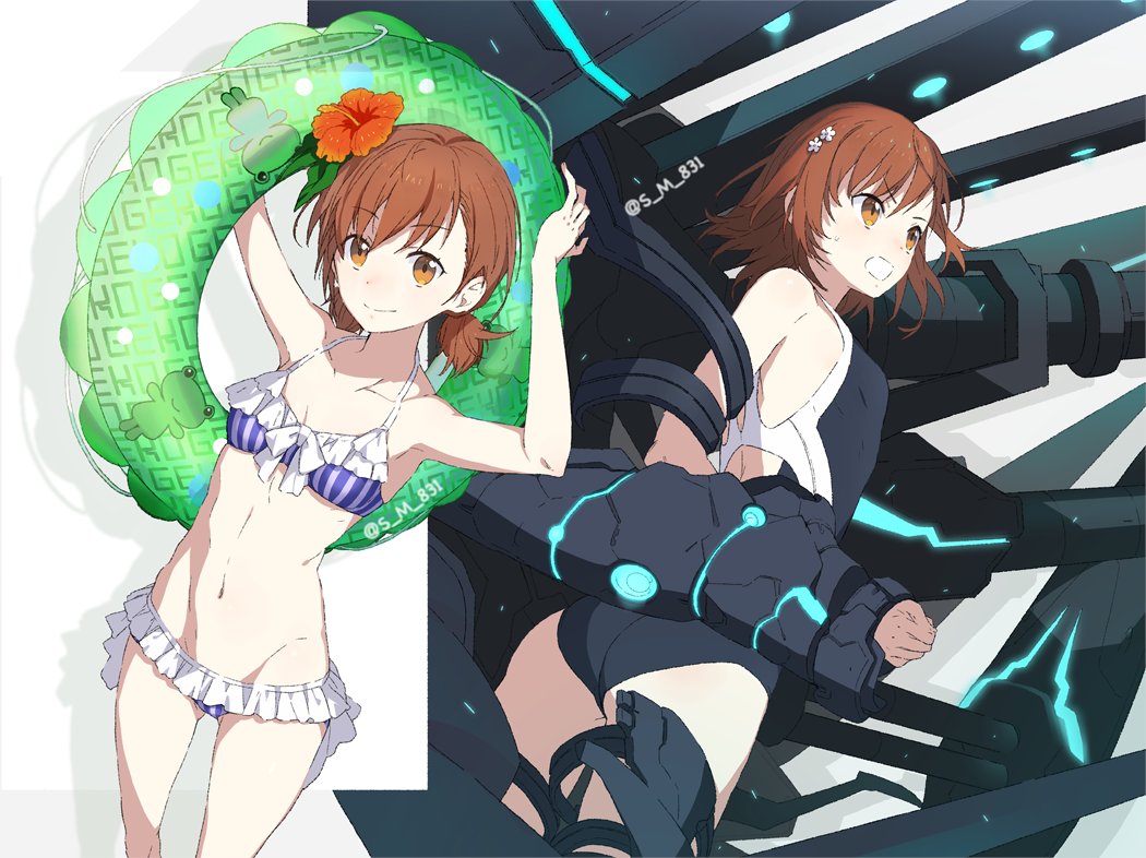 anti-art_attachment armor arms_up ass bikini black_armor black_one-piece_swimsuit brown_eyes brown_hair closed_mouth dual_persona externally_piloted_mecha female_focus flower from_side gauntlets gekota glowing grey_armor gun hair_flower hair_ornament hairclip holding huge_gun huge_weapon innertube machinery mecha mechabare misaka_mikoto multiple_views one-piece_swimsuit open_mouth power_suit powered_suit_(toaru) robot s_m_831 science_fiction short_hair smile spoilers swim_ring swimsuit toaru_majutsu_no_index toaru_majutsu_no_index:_new_testament twitter_username weapon